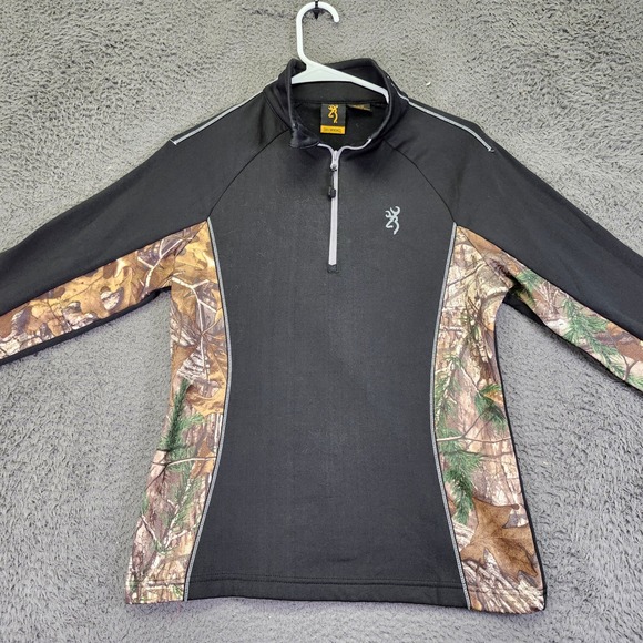 Browning Woman‎ Pullover Camo Trim Activewear Top Hunting Outdoors Black M - Picture 1 of 7